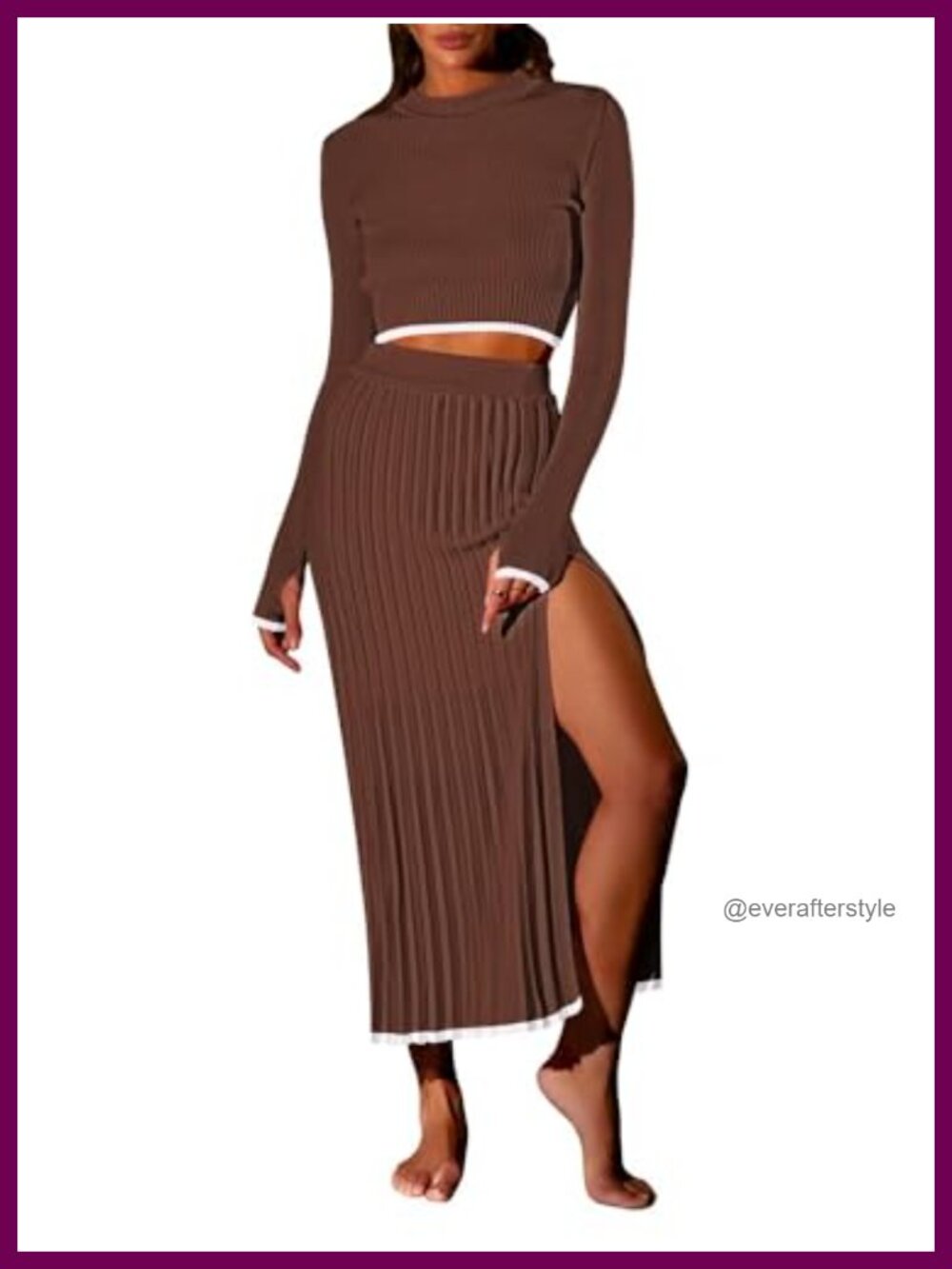 2 Piece Sweater Outfit Set Long Sleeve Crop Top Ribbed Bodycon Midi Skirt